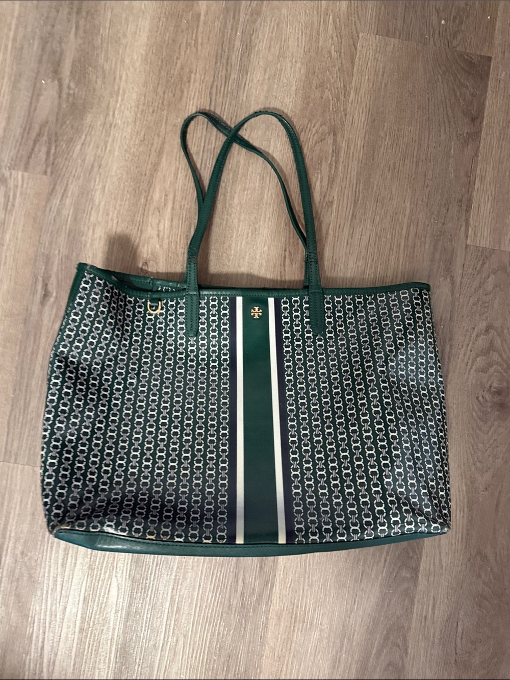Tory Burch Green Monogram Stripe Tote